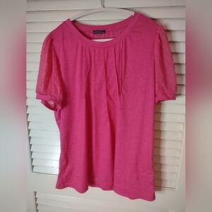 Bright Pink Women's Blouse With Sheer Dot Sleeve